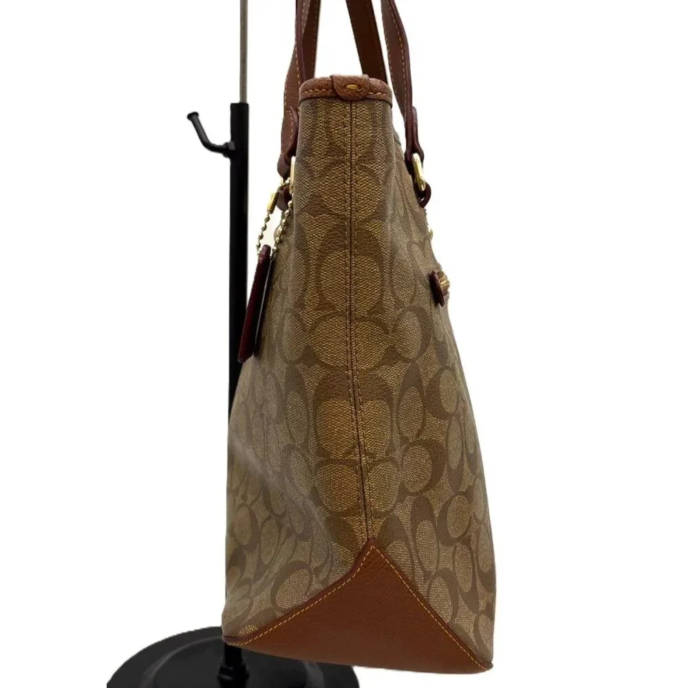 Coach City Zip Top Tote Signature Brown Coated Canvas ruby edge trim F34603 2015